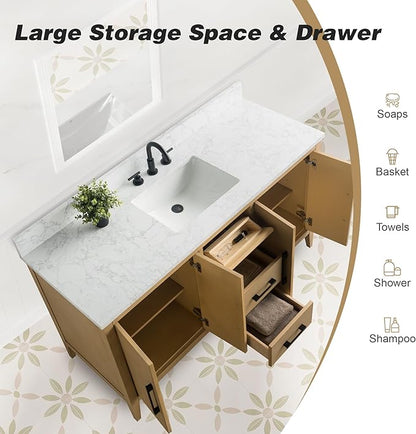 HomeBeyond 60 Inch Bathroom Vanity with Sink & Ceramic Top, Single Vanity Cabinet with Basin, Soft-Closing Doors & Matte Black Hardware, Natural Oak