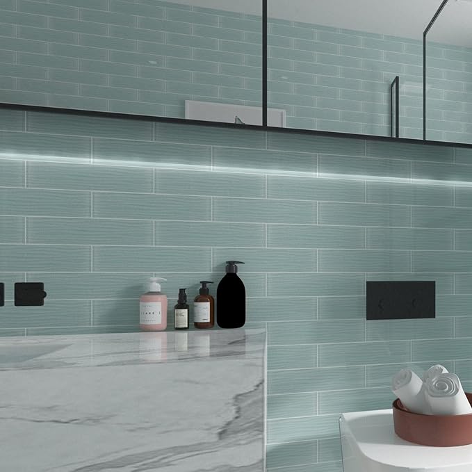 Light Green Water Wave Glass Subway Tile, 3 x 12 Inch, 4 Sq Ft, Backsplash for Bathroom Kitchen Wall, 16-Pack