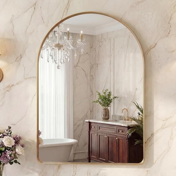 OLIXIS 36x24 Inch Arched Bathroom Wall Mirror, Rounded Rectangle, Gold | Modern Wall Mount Vanity Mirror for Over Sink with Matte Metal Deep Framed, for Home Decor, Living Room