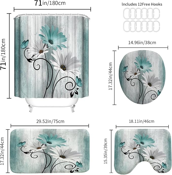 Onalasyc 4PCS Teal Daisy Floral Bathroom Sets with Shower Curtain and Rugs | Country Floral Butterfly Shower Curtain Set,Modern Bathroom Decor Shower Curtains Set with Rugs Toilet Lid Cover and 12 Hooks