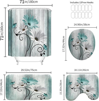 Onalasyc 4PCS Teal Daisy Floral Bathroom Sets with Shower Curtain and Rugs | Country Floral Butterfly Shower Curtain Set,Modern Bathroom Decor Shower Curtains Set with Rugs Toilet Lid Cover and 12 Hooks