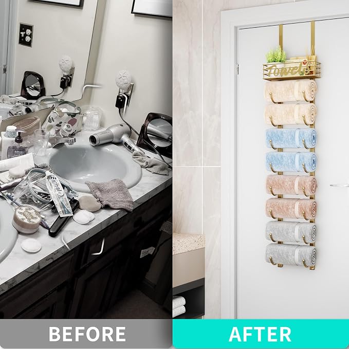 HapiRm Towel Racks for Bathroom Storage - 9 Tier Over The Door & Wall Mount Rolled Towel Storage Organizer Holder with Metal Shelf Basket for Small Bathroom, Camper, Rv - Gold, Patented