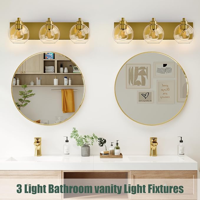 3 Light Bathroom Light Fixtures-Brushed Gold Bathroom Vanity Lights, Modern Vanity Lights 3-Light Bathroom Lighting Fixtures Over Mirror with Clear Glass Globe Shade