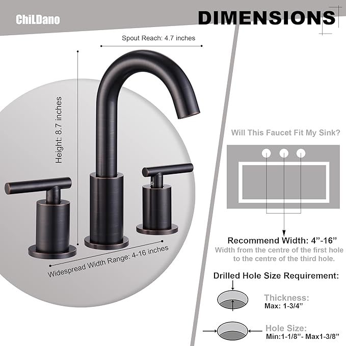 Bathroom Faucets with Pop Up Drain and Water Faucet Supply Hose, 8 Inch Widespread Bathroom Faucet 3 Hole 2 Handle, ChiLDano Oil Rubbed Bronze Bathroom Faucet CH2183ORB