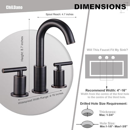 Bathroom Faucets with Pop Up Drain and Water Faucet Supply Hose, 8 Inch Widespread Bathroom Faucet 3 Hole 2 Handle, ChiLDano Oil Rubbed Bronze Bathroom Faucet CH2183ORB