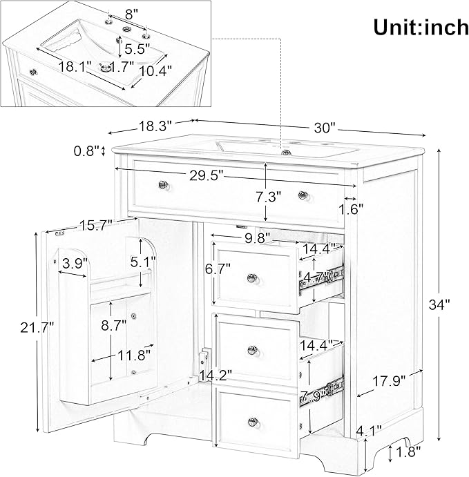 LUMISOL 30" Bathroom Vanity with Sink Combo, Solid Wood Bathroom Vanity with 2 Drawers and Storage Racks on Door, Freestanding Bathroom Storage Cabinet with Ceramic Basin Sink, White