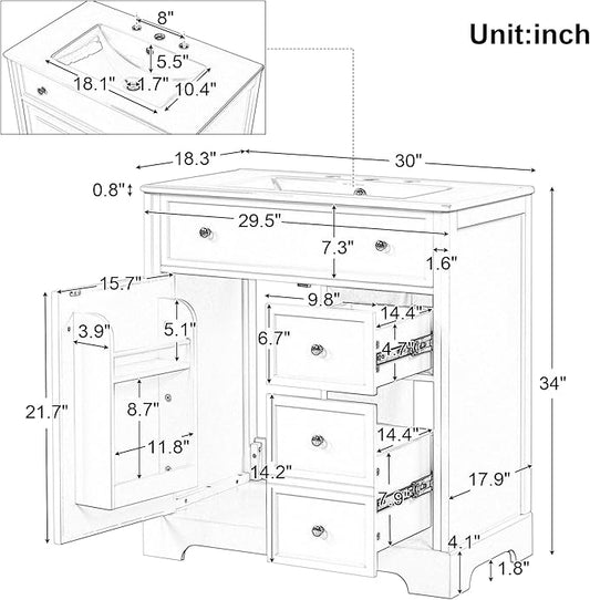LUMISOL 30" Bathroom Vanity with Sink Combo, Solid Wood Bathroom Vanity with 2 Drawers and Storage Racks on Door, Freestanding Bathroom Storage Cabinet with Ceramic Basin Sink, White