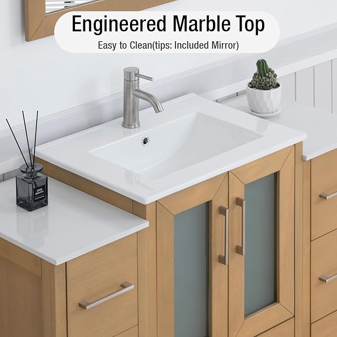 HOMEBEYOND 48 Inch Modern Bathroom Vanity with Sink & Mirror, Single Vanity Cabinet with Basin and Mirror, Dove-Tailed Drawers, Soft-Closing Doors, Wood, Natural Oak