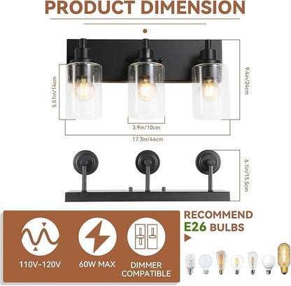 LOUSACE 3 Light Bathroom Vanity Light, Matte Black Bathroom Light Fixtures Over Mirror, Modern Bathroom Lighting with Clear Glass Shade, Black Farmhouse Wall Sconces Lighting Fixture for Bedroom