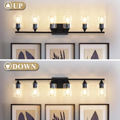 6-Light Matte Black Bathroom Light Fixtures, Over Mirror with Clear Glass Shade, Wall Light Sconce for Vanity Table, Hallway