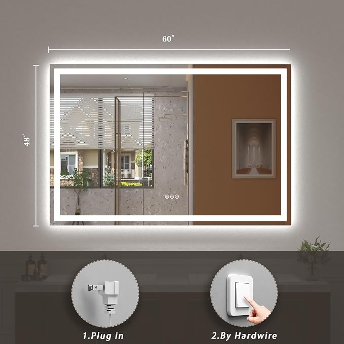 60x48 LED Lighted Bathroom Mirror for Vanity Wall | Front Light and Backlit, Anti-Fog, Memory, 3 Color, Tempered Glass, Dimmable, Rectangular, UL, Horizontal/ Vertical Mounted