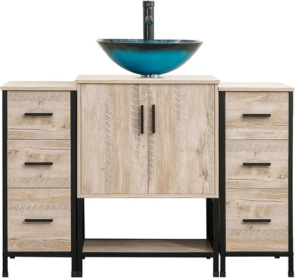 UEV 48" Bathroom Vanity,Oak Color Bathroom Vanity Set with Sink and 3 Drawers Side Cabinet Combo,with Adjustable Water Temperature Faucet (A10)