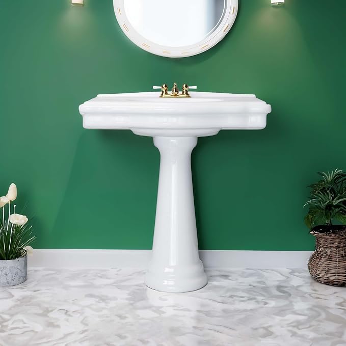 Renovators Supply Manufacturing Darbyshire 34"W x 22.5" D x 32" H Large Bathroom Pedestal Sink. Vitreous China with Overflow, 4 in. Centerset Faucets
