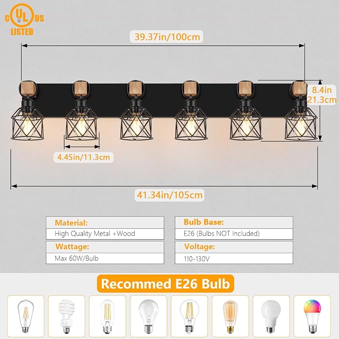 FadimiKoo 6-Light Bathroom Vanity Light, Bathroom Wall Lamps Over Mirror | Rustic Wood & Black Metal Shade, Wood Black Vanity Lights Over Mirror, Wall Sconces for Bathroom Bedroom Living Room