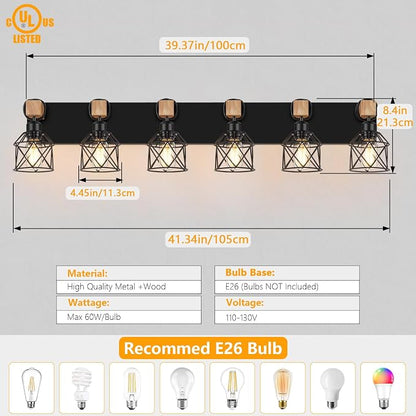 FadimiKoo 6-Light Bathroom Vanity Light, Bathroom Wall Lamps Over Mirror | Rustic Wood & Black Metal Shade, Wood Black Vanity Lights Over Mirror, Wall Sconces for Bathroom Bedroom Living Room