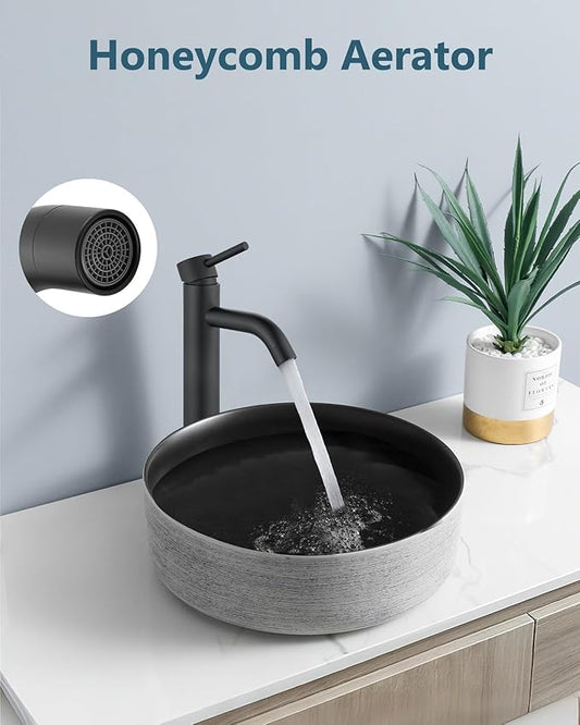 Aolemi Matte Black Vessel Sink Faucet Bathroom Faucet Tall Stainless Steel Bathroom Sink Faucet Single Handle One Hole Round Body with Pop up Drain Basin Bowl Vanity Lavatory Mixer Tap