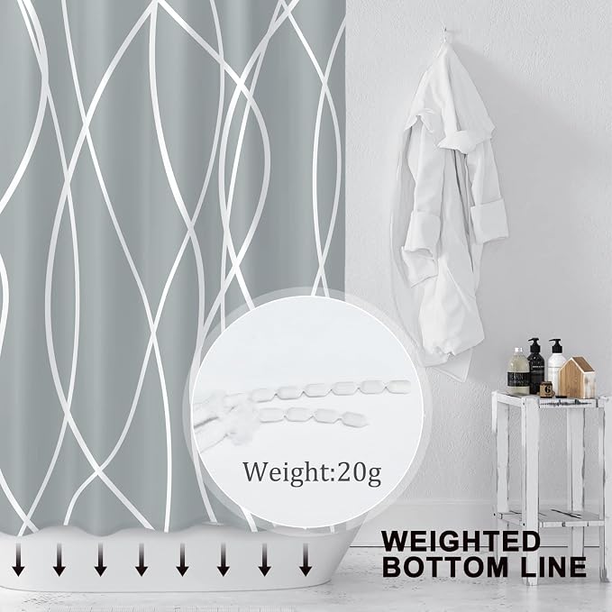Striped Shower Curtain for Bathroom, Light Grey White, 72"W x 72"L | with Hooks, Modern Hotel Style, Water Repellent, Washable, Weighted Hem