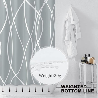 Striped Shower Curtain for Bathroom, Light Grey White, 72"W x 72"L | with Hooks, Modern Hotel Style, Water Repellent, Washable, Weighted Hem