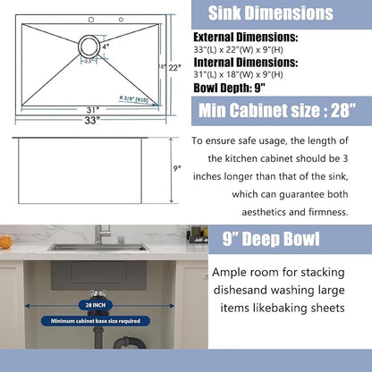 Black Farmhouse Sink 33 Inch, 33x22 Apron Front Farmhouse Kitchen Sink, 16 Gauge Stainless Steel Undermount Deep Single Bowl Luxury Rustic Farm Sinks with Dish Grid and Drainer