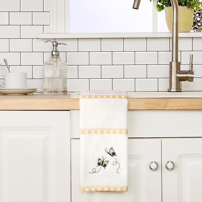 SKL Home Dancing Butterflies Hand Towel Set-2pc, 100% Cotton, White | Soft velour with decorative embroidery. For use in the bathroom, kitchen, bar or any sink space & makes a great gift.