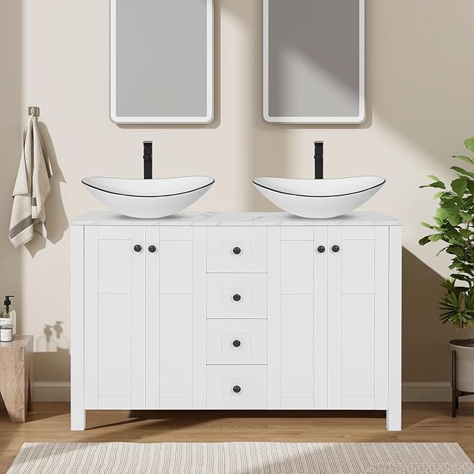 48" White Bathroom Vanity with Marble Texture Top and 4 Drawers, Modern Standing Pedestal Cabinet with Two White Boat Ceramic Vessel Sinks