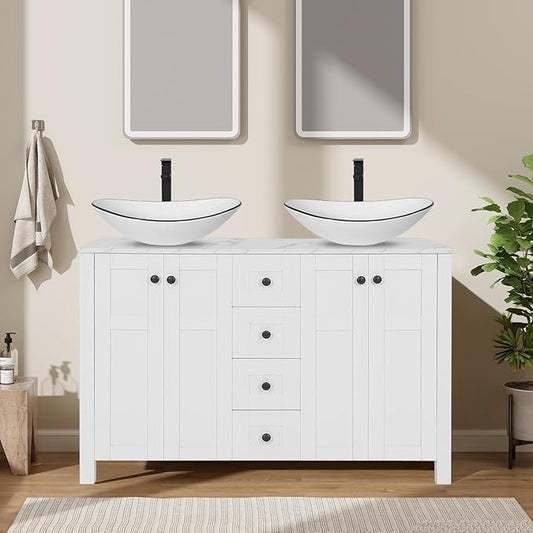48" White Bathroom Vanity with Marble Texture Top and 4 Drawers, Modern Standing Pedestal Cabinet with Two White Boat Ceramic Vessel Sinks