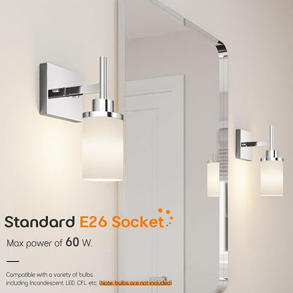 Vanity Lights Polished Chrome Bathroom Light Fixtures with White Frosted Glass Shade, Wall Sconces for Mirror Hallway Entrance, 2 Pack T001CH-L1-P2