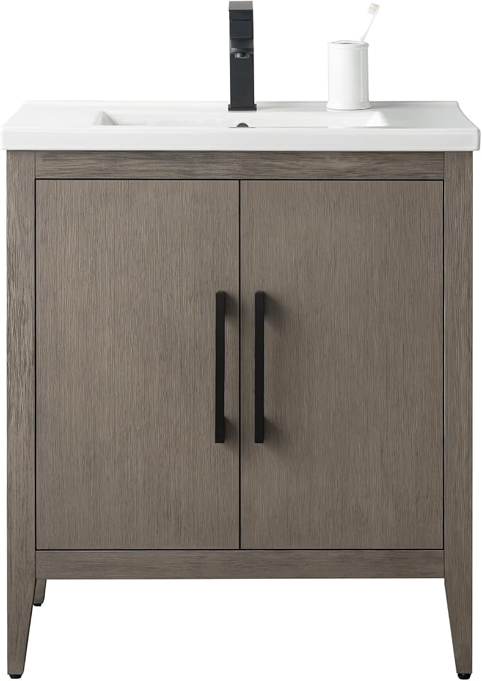 30 Inch Bathroom Vanity with Sink & Ceramic Top, Single Vanity Cabinet with Basin, Soft-Closing Doors & Matte Black Hardware, Driftwood Gray