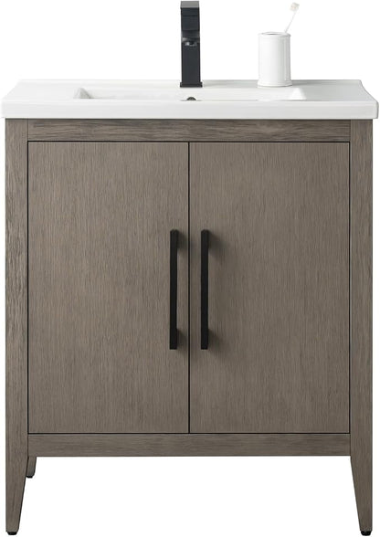 30 Inch Bathroom Vanity with Sink & Ceramic Top, Single Vanity Cabinet with Basin, Soft-Closing Doors & Matte Black Hardware, Driftwood Gray