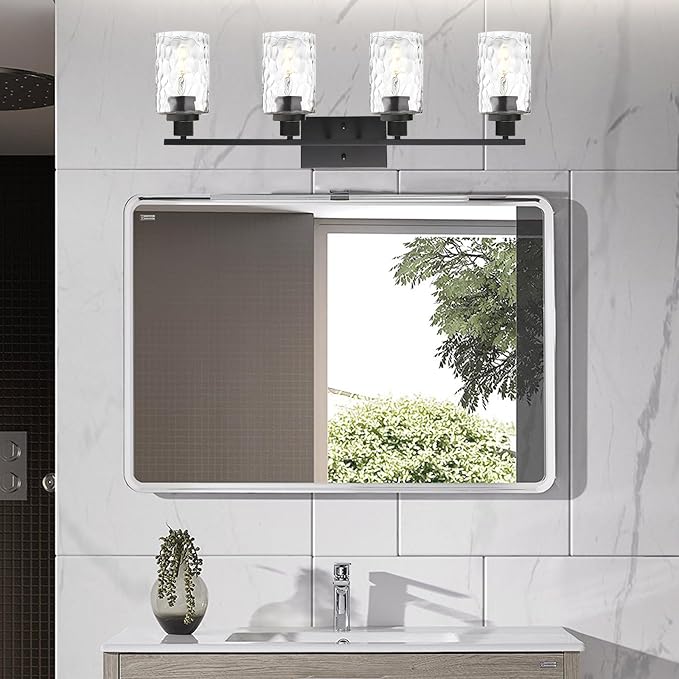 MELUCEE 4-Light Black Bathroom Vanity Light with Clear Hammered Glass | Wall Light Fixture Modern Wall Sconces Lamp for Powder Room Bedroom Kitchen Porch (Patent No.: US D963914 S)