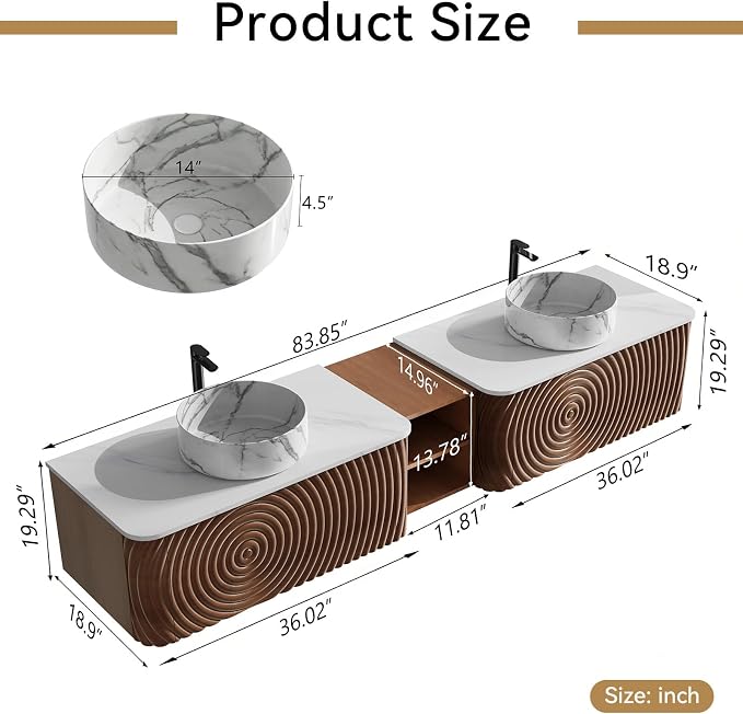 84" Floating Bathroom Vanity with Double Sink, Mid-Century Wall Mounted Bathroom Vanity Cabinet with Wood Waved Decor, Marble Ceramic Basin, Sintered Stone Top, Soft Close Drawer, Side Open Cube