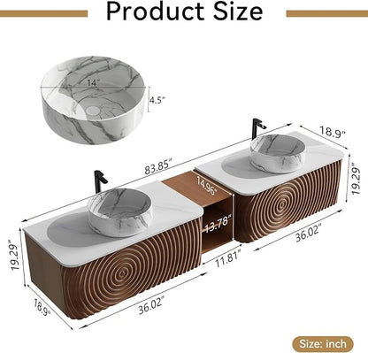 84" Floating Bathroom Vanity with Double Sink, Mid-Century Wall Mounted Bathroom Vanity Cabinet with Wood Waved Decor, Marble Ceramic Basin, Sintered Stone Top, Soft Close Drawer, Side Open Cube