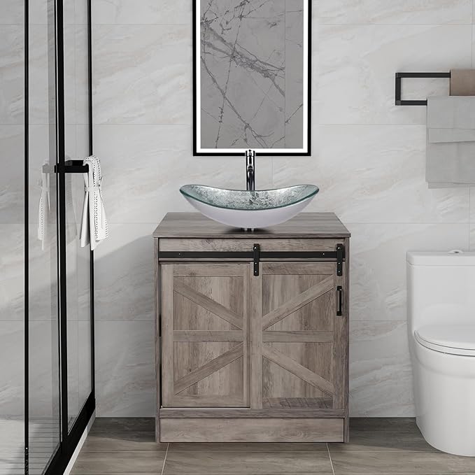 30" Barn Door Bathroom Vanity, Farmhouse Style Standing Pedestal Cabinet with Silver Boat Glass Vessel Sink