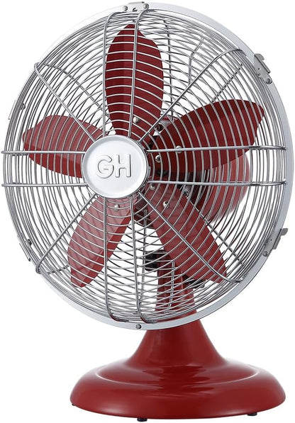 Good Housekeeping 92611 All-Metal 12" Retro Desk Office Table Fan with Wide Oscillation, 3-Speed Settings & Carrying Handle, Crimson Red