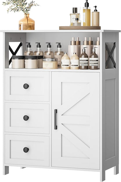 Homhedy Bathroom Storage Cabinet with 3 Drawers, Toilet Paper Cabinet | Farmhouse Freestanding Floor Cabinet with Door and Adjustable Shelf, Small Cabinet for Bathroom, Living Room, White