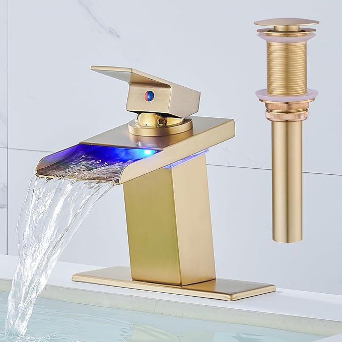 LED Bathroom Sink Faucet, Brushed Gold Waterfall Single Hole Handle Vanity Faucets for Sinks 1 Hole with Metal Pop Up Drain and 2 Water Supply Lines, Stainless Steel Spout