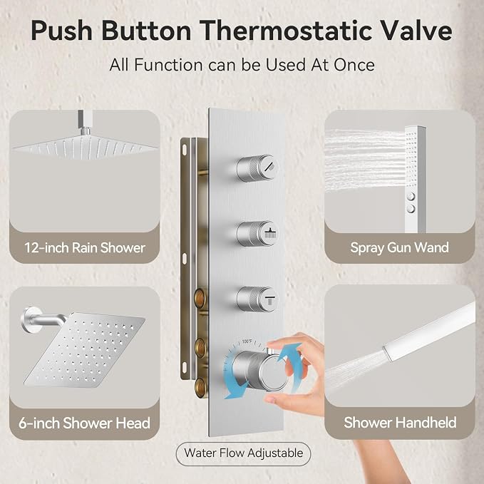 Shower Faucet Set,Thermostatic Shower System,12 Inch Ceiling Mounted and 6 Inch Wall Mount Rain Shower Head with 2 in 1 Handhled,High Pressure Dual Shower Head Combo Set