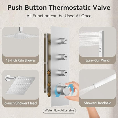 Shower Faucet Set,Thermostatic Shower System,12 Inch Ceiling Mounted and 6 Inch Wall Mount Rain Shower Head with 2 in 1 Handhled,High Pressure Dual Shower Head Combo Set
