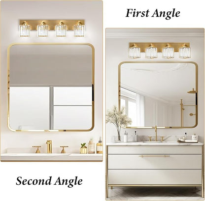 Gold Crystal Bathroom Vanity Light, 4-Light Modern Bathroom Lighting Fixtures Over Mirror,Chrome Wall Sconce Light Fixtures with Square Shade