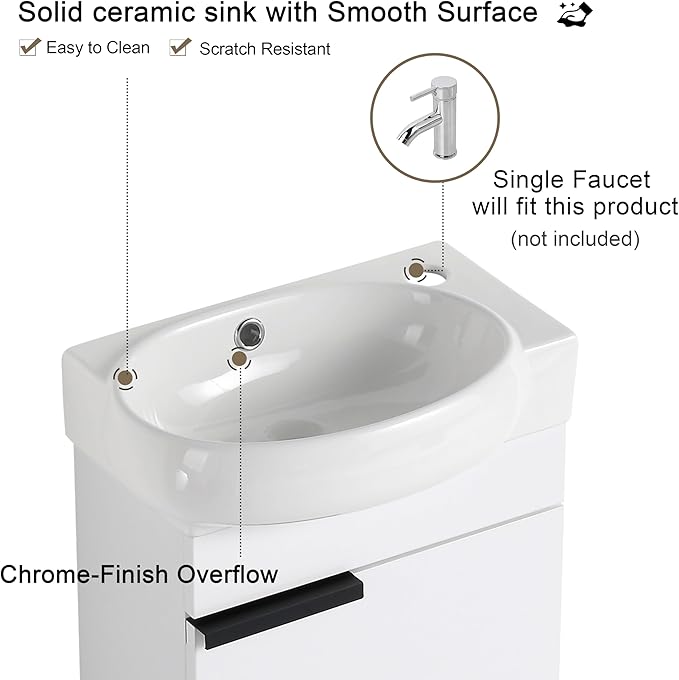 Malwee 16" Floating Bathroom Vanity, 16 Inch Single Sink Wall Mounted Bathroom Vanity, with 1 Door and White Ceramic Sink Top for Small Space, Modern Wall Hung Cabinet Storage (029-16GWH)