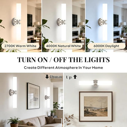 Wall Sconces Set of 2 Hardwired Bathroom Light Fixtures E26 Base | Brushed Nickel, 22Inch, Modern Vanity Wall Lighting with Milky White Glass Shade, for Mirror Hallway Bedroom Living Room