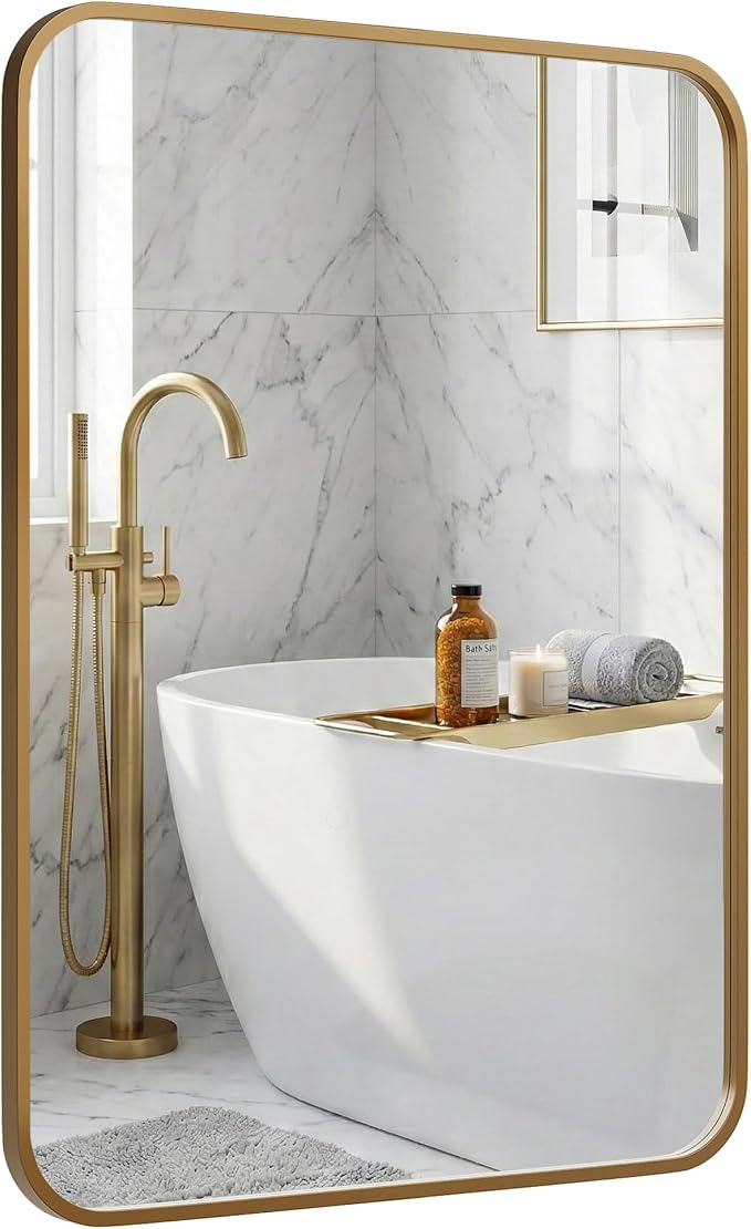 24x36 Inch Antique Gold Rounded Rectangle Bathroom Vanity Mirror | For Over-Sink Bathrooms, Powder-Coated Iron Frame, Layered Shadow Box Look, Two-Way Mount, Protective Packaging