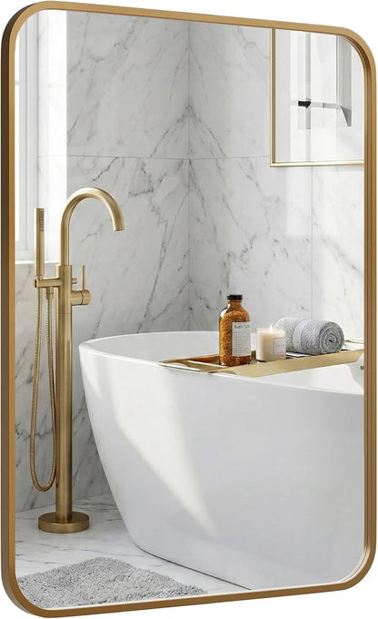 24x36 Inch Antique Gold Rounded Rectangle Bathroom Vanity Mirror | For Over-Sink Bathrooms, Powder-Coated Iron Frame, Layered Shadow Box Look, Two-Way Mount, Protective Packaging