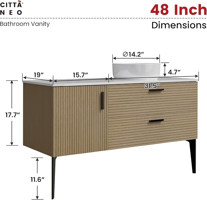 48" Bathroom Vanity with White Vessel Sink, Wall-Mounted, Oak | Fluted Bathroom Cabinet with Offset Ceramic Sink, 2 Soft-Closing Drawers & 1 Door, Engineered Stone Countertop