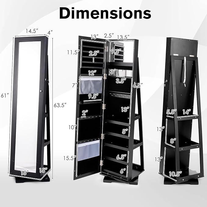COSTWAY 360 Rotating Jewelry Armoire Cabinet, Standing Jewelry Organizer w/Full-Length Mirror & Large Storage Space, Lockable Mirror Jewelry Cabinet for Girls Women (Black)