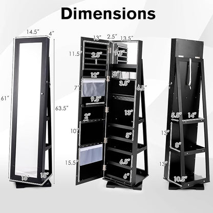 LOKO 360° Rotating Jewelry Armoire, Freestanding Jewelry Cabinet with Inside Makeup Mirror, 2-in-1 Lockable Jewelry Organizer w/Full-Length Mirror for Girls Women (Black)