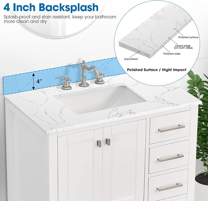36 Inch Engineered Stone Bathroom Vanity Sink Top, with Undermount Rectangular Middle Sink, Vanity Countertop with 8 inch Faucet Hole Spacing and Backsplash in Lightning White