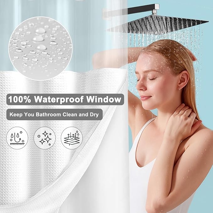 No Hook Shower Curtain with Fabric Liner White Hotel Waffle 75" L x 72" W,EVA Clear Window Shower | Washable Snap in Fabric Liner, Mesh Top Window, Waffle Hotel Style Shower Curtain Set