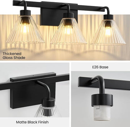 AIJIASI Modern Bathroom Light Fixtures Over Mirror 3-Light Black Vanity Lights for Bathroom with Ribbed Glass Shade 24 Inch Up/Down Mount Vanity Lighting Fixtures for Bath Bedroom Makeup