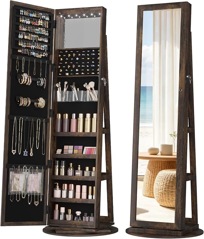 LVSOMT LED Jewelry Cabinet Standing, 360° Swivel Jewelry Armoire, Brown | Full Length Mirror with Storage, 3 Rear Shelves, Internal Mirror, 3 Color Lights, Lockable for Bedroom, Women Girls Gift